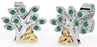 Emerald Gold Silver Celtic Tree of Life Trinity Knot Stud Earrings