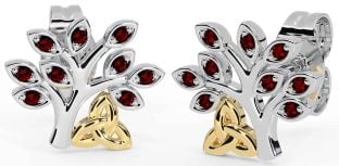 Garnet Gold Silver Celtic Tree of Life Trinity Knot Stud Earrings