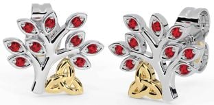 Ruby Gold Silver Celtic Tree of Life Trinity Knot Stud Earrings