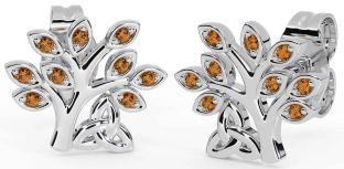 Citrine White Gold Celtic Tree of Life Trinity Knot Stud Earrings