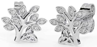 Diamond White Gold Celtic Tree of Life Trinity Knot Stud Earrings