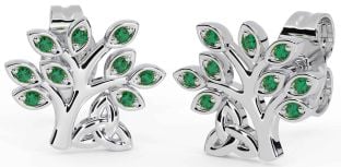 Emerald White Gold Celtic Tree of Life Trinity Knot Stud Earrings