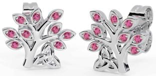 Pink Tourmaline White Gold Celtic Tree of Life Trinity Knot Stud Earrings