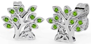 Peridot White Gold Celtic Tree of Life Trinity Knot Stud Earrings