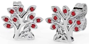 Ruby White Gold Celtic Tree of Life Trinity Knot Stud Earrings