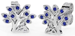 Sapphire White Gold Celtic Tree of Life Trinity Knot Stud Earrings