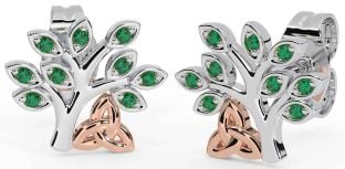 Emerald White Rose Gold Celtic Tree of Life Trinity Knot Stud Earrings