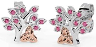 Pink Tourmaline White Rose Gold Celtic Tree of Life Trinity Knot Stud Earrings