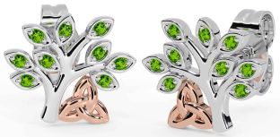 Peridot White Rose Gold Celtic Tree of Life Trinity Knot Stud Earrings