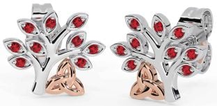 Ruby White Rose Gold Celtic Tree of Life Trinity Knot Stud Earrings