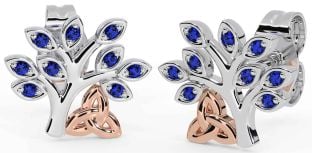 Sapphire White Rose Gold Celtic Tree of Life Trinity Knot Stud Earrings