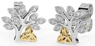 Diamond White Yellow Gold Celtic Tree of Life Trinity Knot Stud Earrings