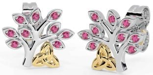 Pink Tourmaline White Yellow Gold Celtic Tree of Life Trinity Knot Stud Earrings