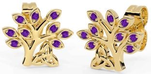 Amethyst Gold Celtic Tree of Life Trinity Knot Stud Earrings