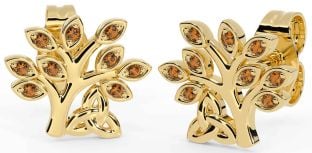 Citrine Gold Celtic Tree of Life Trinity Knot Stud Earrings