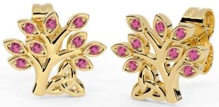 Pink Tourmaline Gold Celtic Tree of Life Trinity Knot Stud Earrings