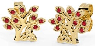 Ruby Gold Celtic Tree of Life Trinity Knot Stud Earrings