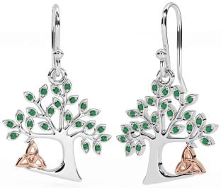 Emerald Rose Gold Silver Celtic Tree of Life Trinity Knot Dangle Earrings