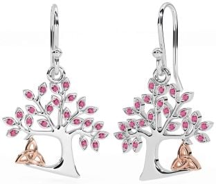 Pink Tourmaline Rose Gold Silver Celtic Tree of Life Trinity Knot Dangle Earrings