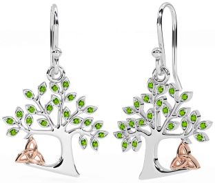 Peridot Rose Gold Silver Celtic Tree of Life Trinity Knot Dangle Earrings