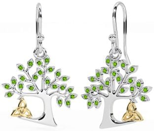 Peridot Gold Silver Celtic Tree of Life Trinity Knot Dangle Earrings