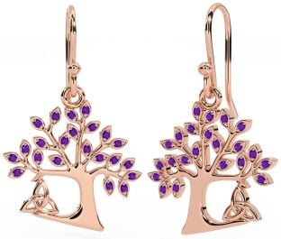 Amethyst Rose Gold Silver Celtic Tree of Life Trinity Knot Dangle Earrings