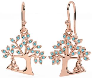 Aquamarine Rose Gold Silver Celtic Tree of Life Trinity Knot Dangle Earrings