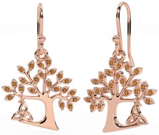 Citrine Rose Gold Silver Celtic Tree of Life Trinity Knot Dangle Earrings