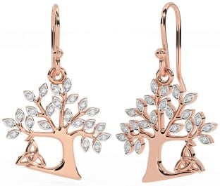 Diamond Rose Gold Silver Celtic Tree of Life Trinity Knot Dangle Earrings