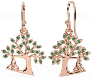 Emerald Rose Gold Silver Celtic Tree of Life Trinity Knot Dangle Earrings