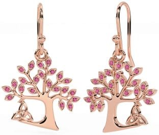 Pink Tourmaline Rose Gold Silver Celtic Tree of Life Trinity Knot Dangle Earrings