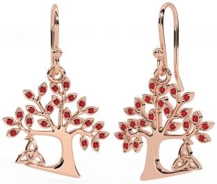 Ruby Rose Gold Silver Celtic Tree of Life Trinity Knot Dangle Earrings