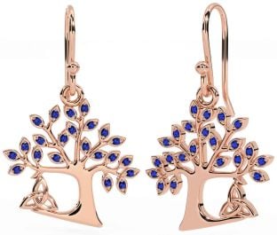 Sapphire Rose Gold Silver Celtic Tree of Life Trinity Knot Dangle Earrings