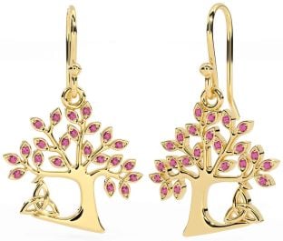 Pink Tourmaline Gold Silver Celtic Tree of Life Trinity Knot Dangle Earrings