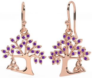 Amethyst Rose Gold Celtic Tree of Life Trinity Knot Dangle Earrings