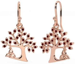 Garnet Rose Gold Celtic Tree of Life Trinity Knot Dangle Earrings