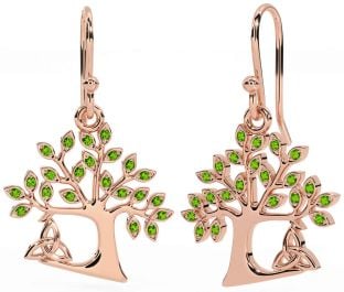 Peridot Rose Gold Celtic Tree of Life Trinity Knot Dangle Earrings