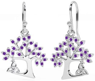 Amethyst Silver Celtic Tree of Life Trinity Knot Dangle Earrings