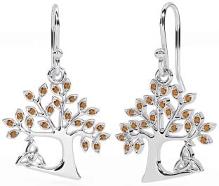 Citrine Silver Celtic Tree of Life Trinity Knot Dangle Earrings