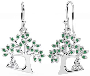 Emerald Silver Celtic Tree of Life Trinity Knot Dangle Earrings