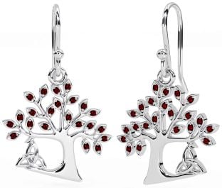 Garnet Silver Celtic Tree of Life Trinity Knot Dangle Earrings