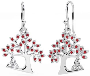 Ruby Silver Celtic Tree of Life Trinity Knot Dangle Earrings