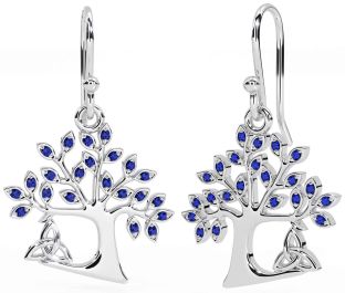 Sapphire Silver Celtic Tree of Life Trinity Knot Dangle Earrings