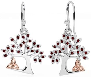 Garnet Rose Gold Silver Celtic Tree of Life Trinity Knot Dangle Earrings