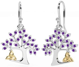 Amethyst Gold Silber keltisch Baum von Leben Dreieinigkeit Knoten Baumeln Ohrringe