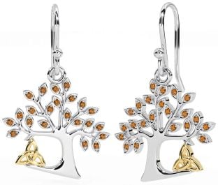 Citrine Or Argent celtique Arbre de Vie Trinité Noeud Pendre Des boucles d'oreilles