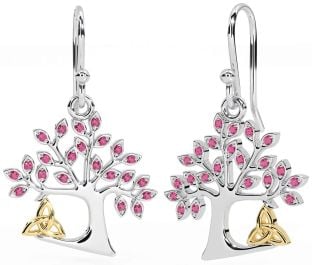 Rose Tourmalines Or Argent celtique Arbre de Vie Trinité Noeud Pendre Des boucles d'oreilles