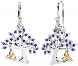 Sapphire Gold Silver Celtic Tree of Life Trinity Knot Dangle Earrings