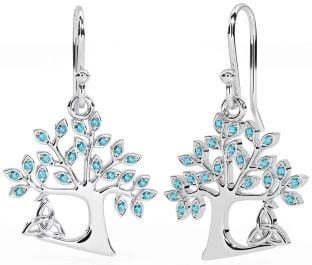 Aquamarine White Gold Celtic Tree of Life Trinity Knot Dangle Earrings