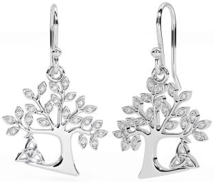 Diamond White Gold Celtic Tree of Life Trinity Knot Dangle Earrings